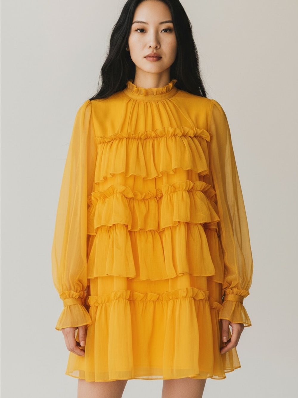 Adam Lippes Collective sunflower Yellow Tiered Ruffle Mini Dress - Size 4